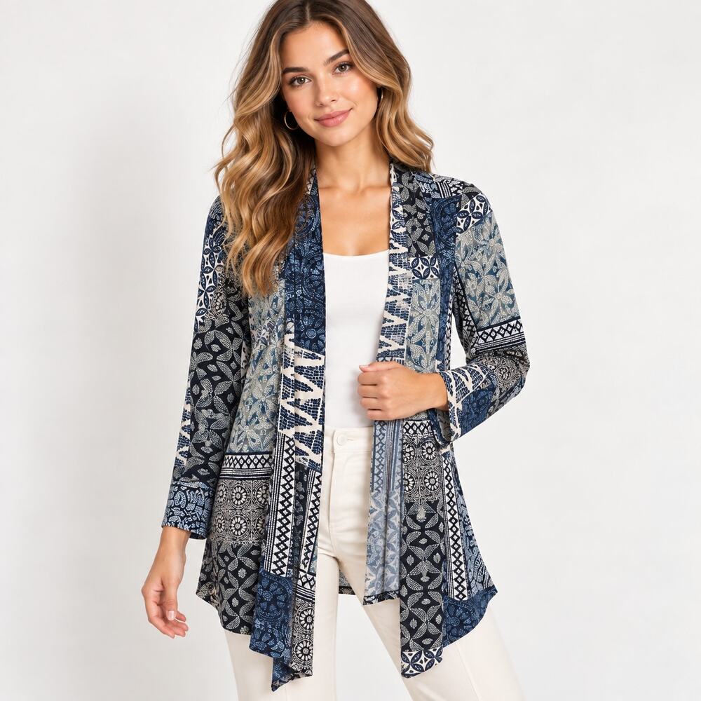 Susan Graver Liquid Knit Cardigan Women's Size L Patchwork Boho Office Casual